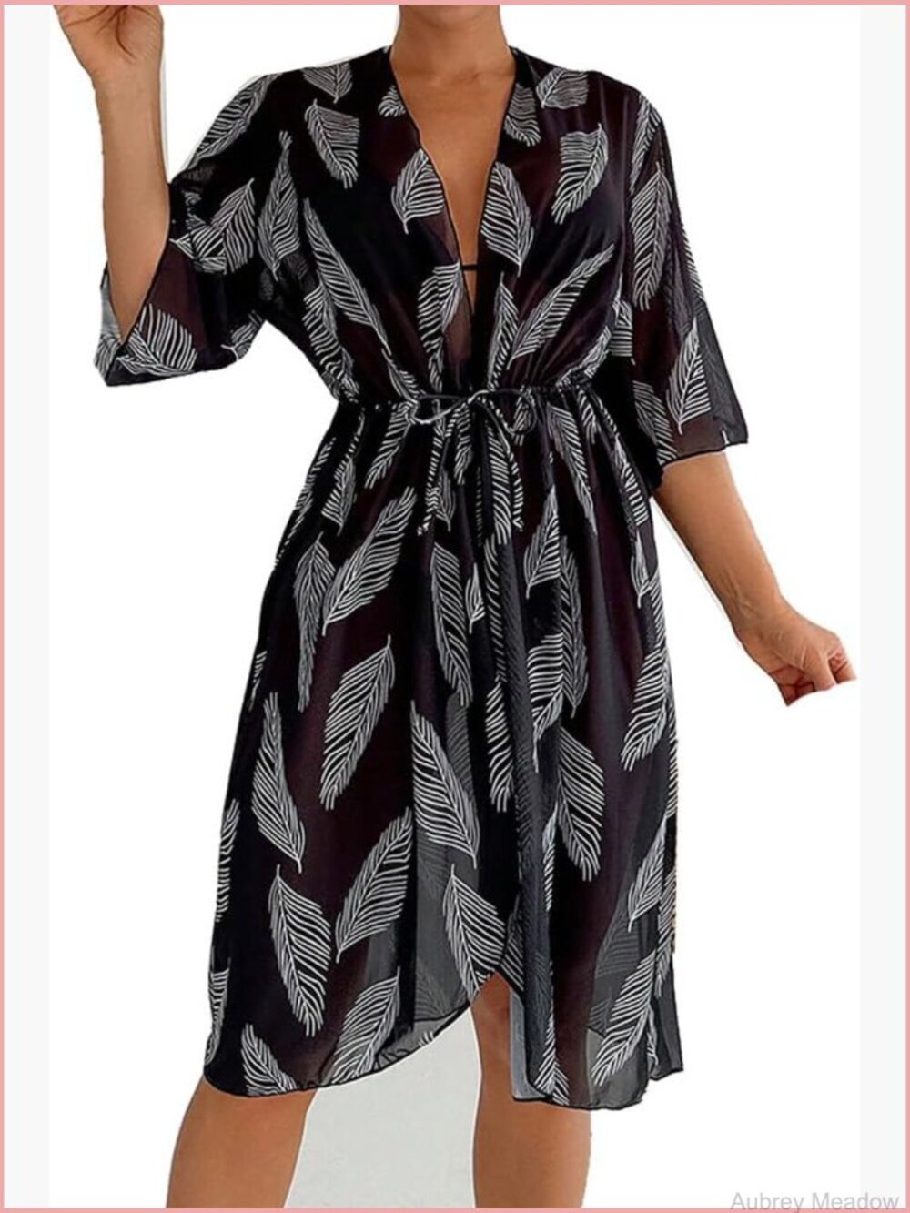 Sheer Leaf Print Beach Cover Up Kimono Cardigan with Belt